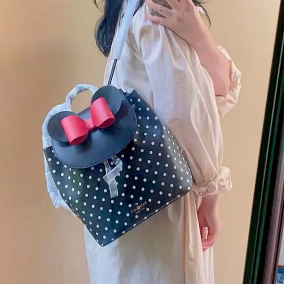 S NWB Kate Spade Disney Minnie Mouse Flap Black Leather Backpack K4642